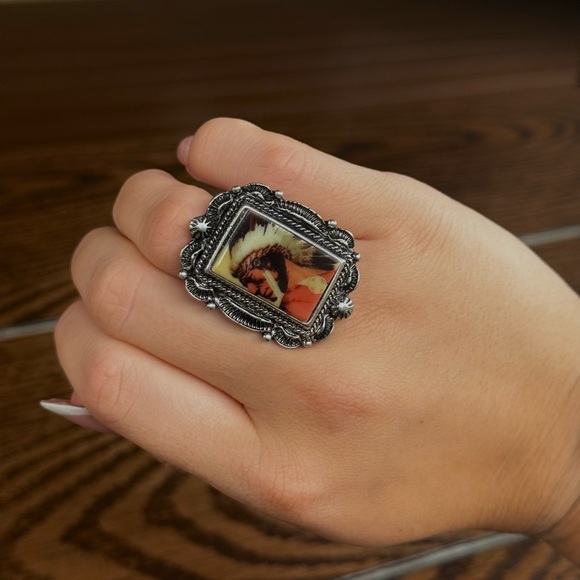 Native American Silver Picture Cuff Ring - Picture 1 of 3